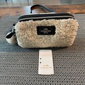 Coach Shearling/Leather mini crossbody/pouch, black/cream, NWT, never used.